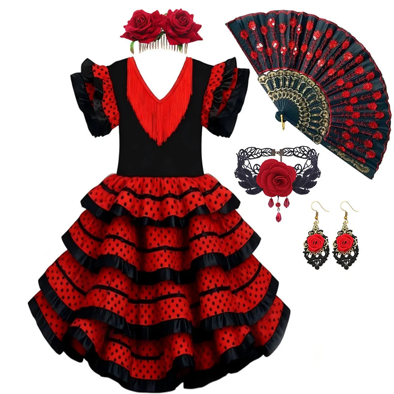 Girls Spanish Flamenco Dress Red Polka Dot Cake Puff Kids Carnival Halloween Party Stage Show Cosplay Festival Dance Costume