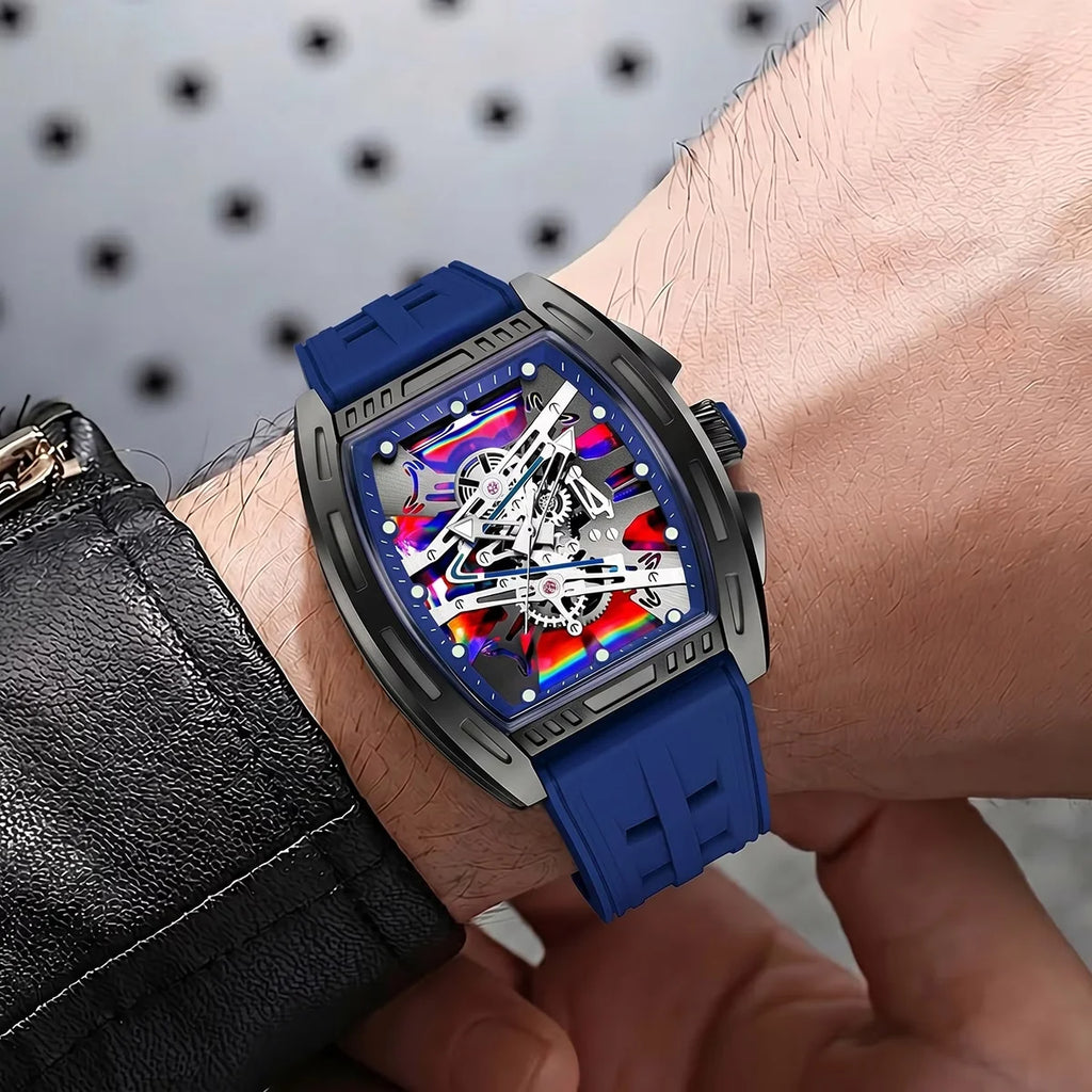 Fashion Tonneau Skeleton Dial Men Quartz Watch Casual Silicone Strap Analog Sport Wristwatches Relogio Masculino（Without Box）