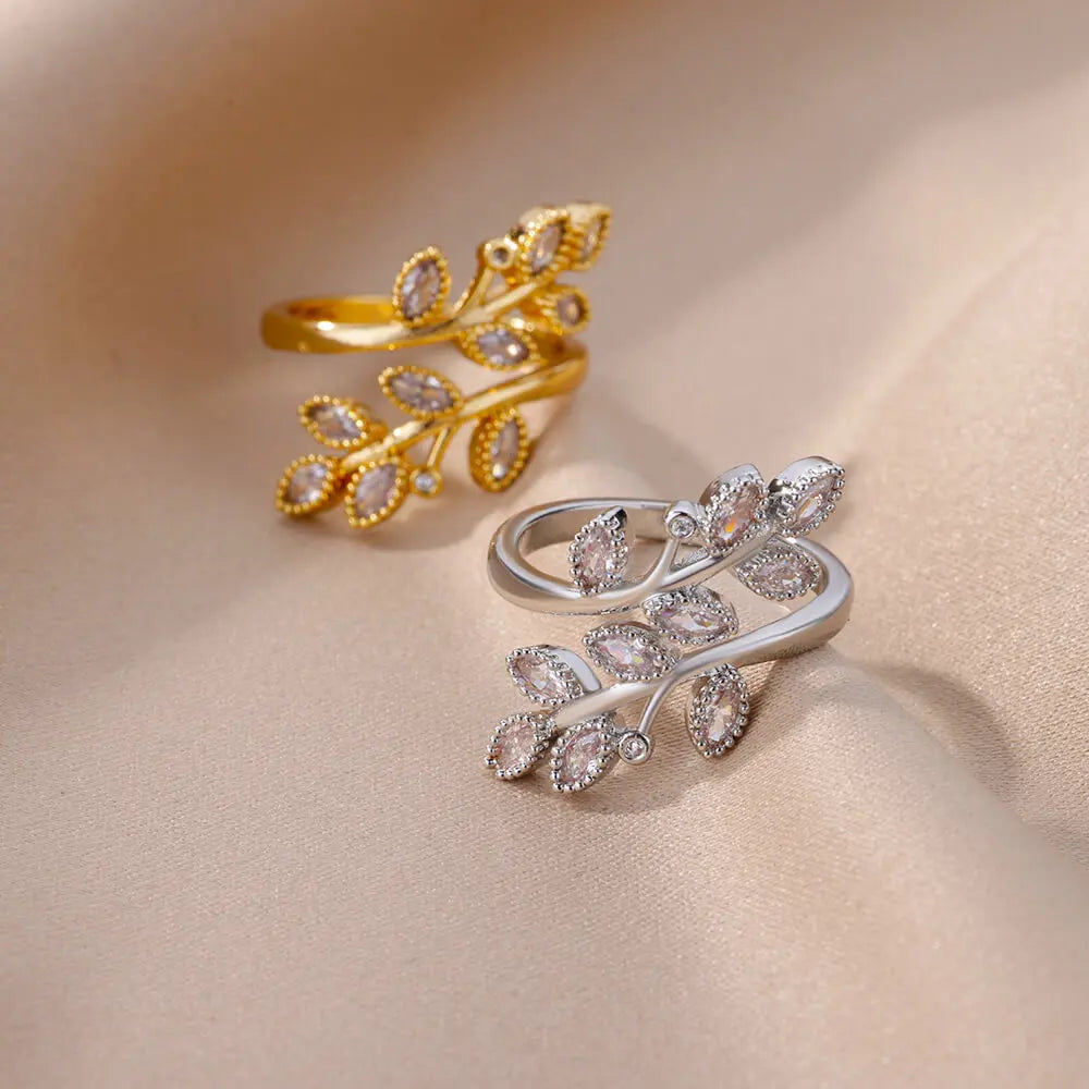 Luxury Zircon Double Layer Leaf Rings For Women Gold Color Stainless Steel Ring Boho Couple Jewelry Accesorios anillos mujer