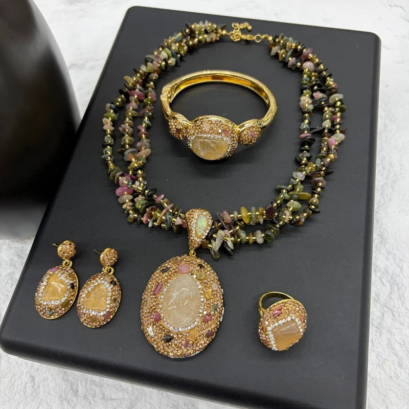 Vintage 4pcs Necklace Earring Ring Bracelet Crystal Stone Jewelry Sets for Women Natural Amethyst Tigers Eye Statement Jewelrys