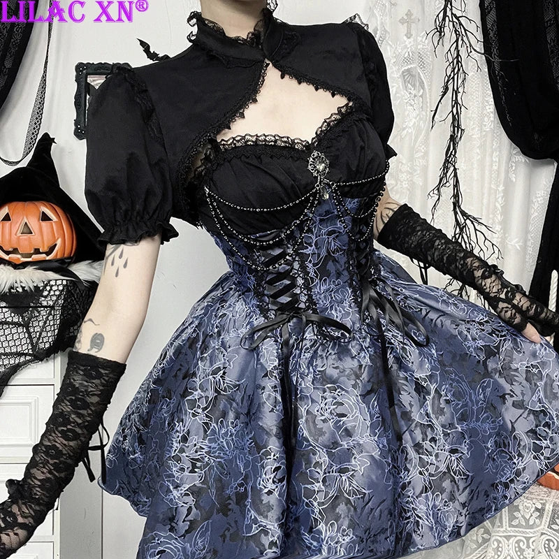 Vintage Elegant Lace Trim A-Line Mini Dresses Y2K Goth Floral Lace-up Short Dress Short Sleeve Smock Women Autumn New Fashion