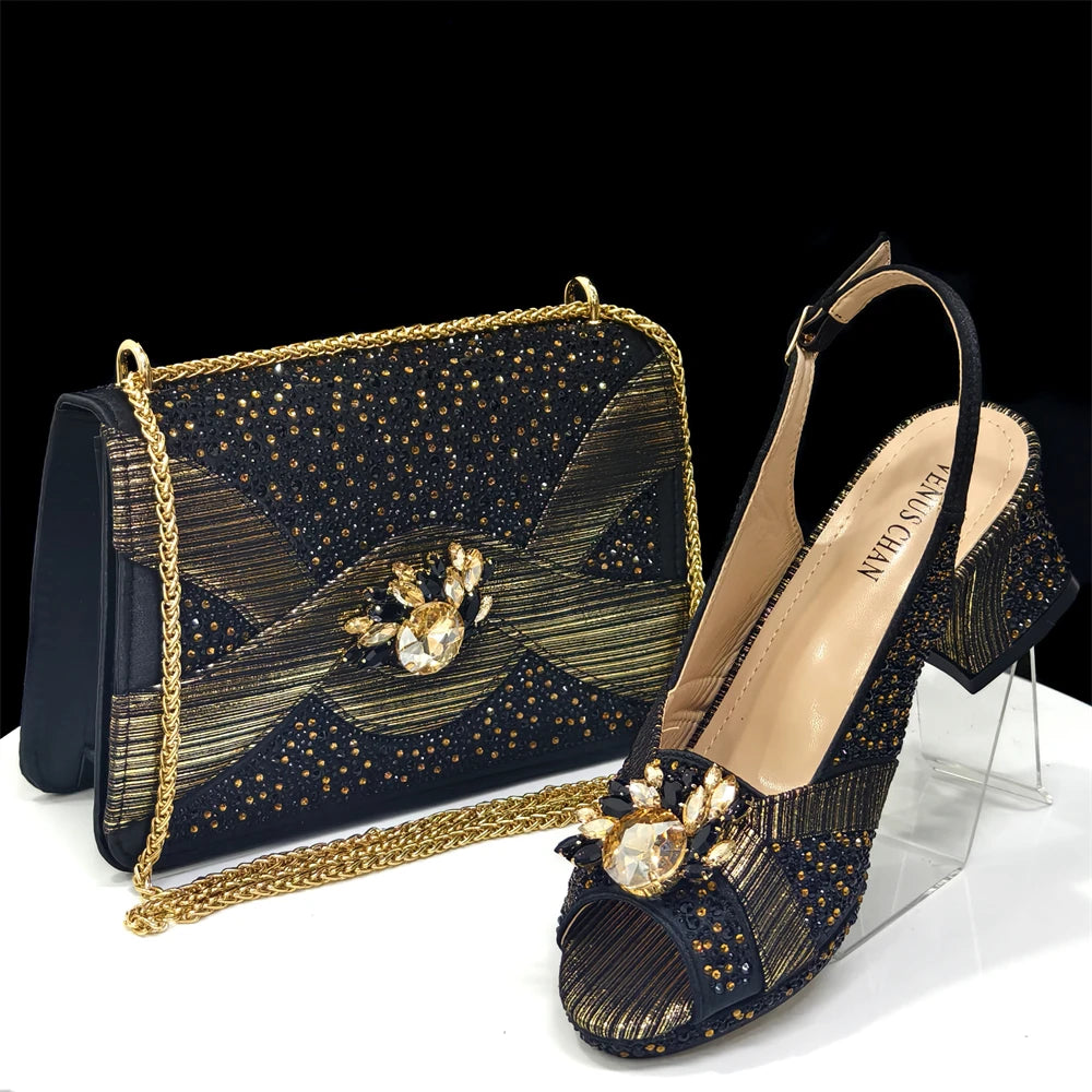 Venus Chan Elegant 2025 Gold Peep-Toe Heels with Diamond Accents - Italian Matching Pumps and Bag Set for Parties