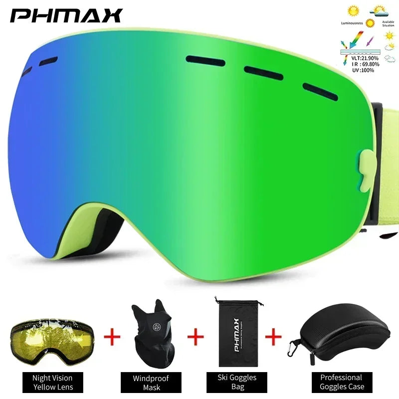 PHMAX Ski/Snowboard Goggles for Men Women, OTG Snow Goggles Anti Fog UV Protection Red Double Layers Lens Wide Vision Winter