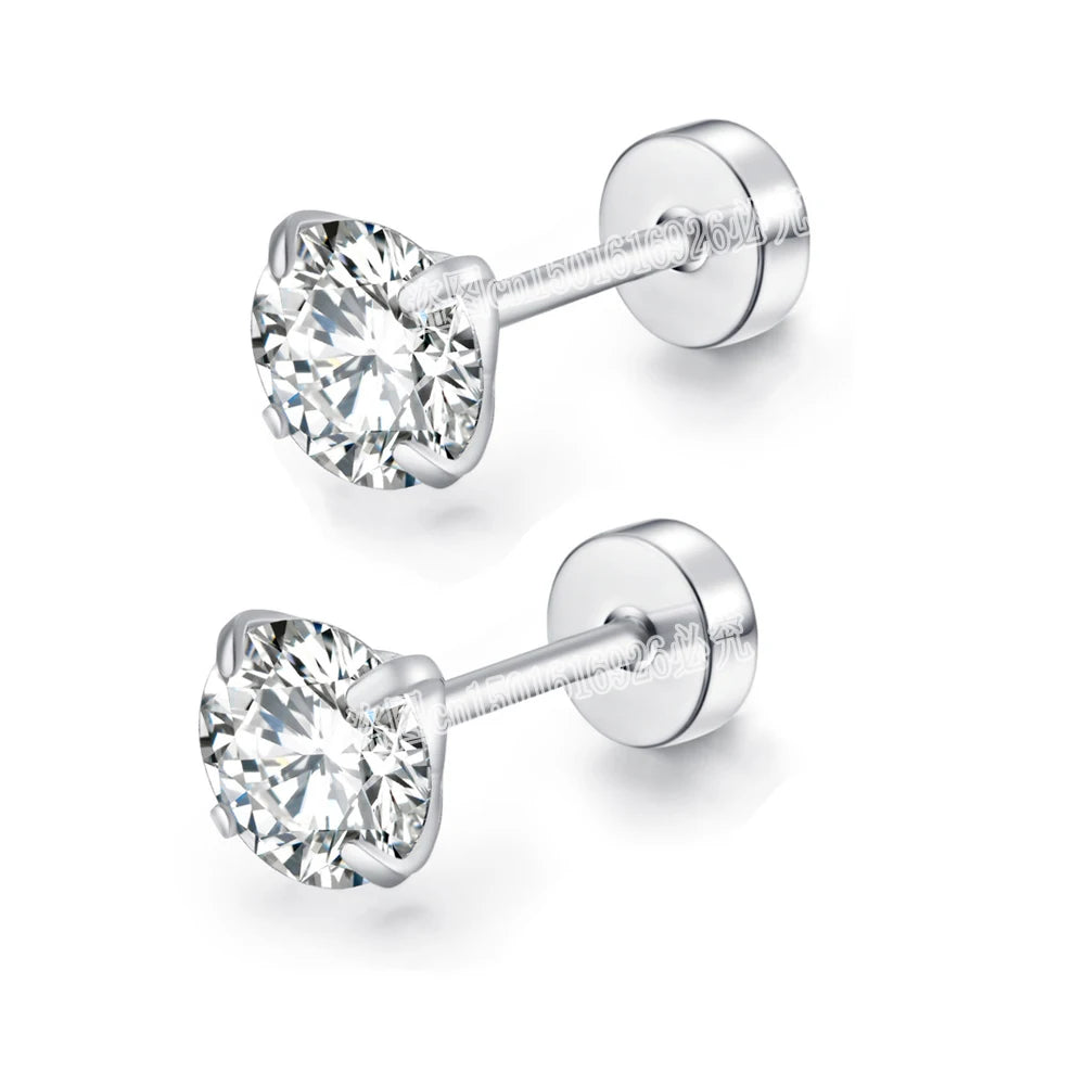 XUBCHC Stainless Steel Round Cubic Zirconia Ear Piercing For Women Men CZ Shiny Silver Color Stud Earrings Black Body Jewelry
