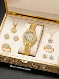 Fashionable round Ladies Quartz Watch And Hollow Embedded Jewelry Set Versatile Gift for Birthdays Elegant Accessory Set No Box