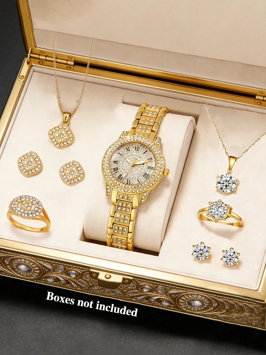 Fashionable round Ladies Quartz Watch And Hollow Embedded Jewelry Set Versatile Gift for Birthdays Elegant Accessory Set No Box