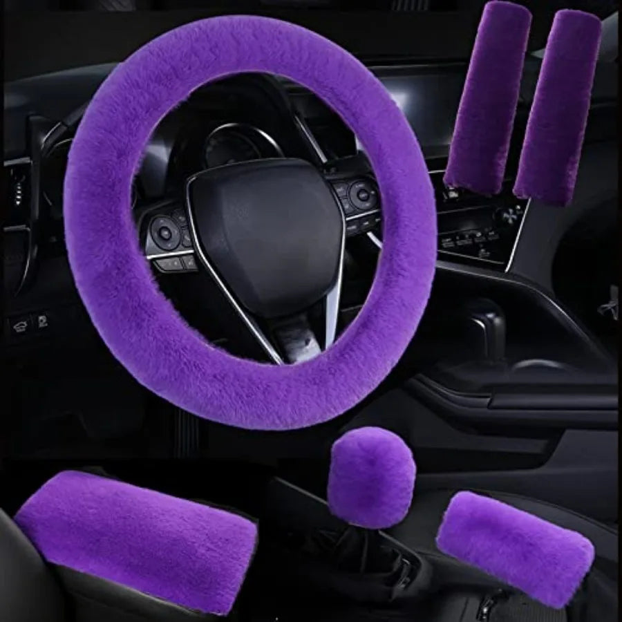 1 Set 6 Pcs Fluffy Car Steering Wheel Cover and Seat Belt Shoulder Pads and Handbrake Cover and Gear Shift Cover Set and Seat B