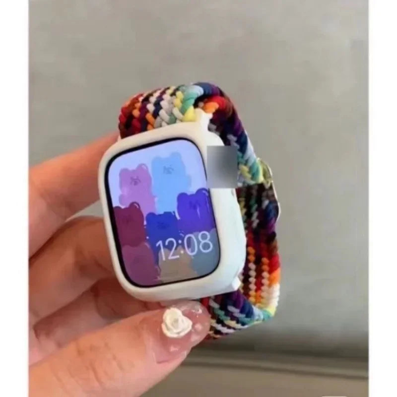 Korean Cute Braied Strap + Case For Apple Watch Band 49mm 41mm 45 44 38 42 Nylon Bracelet For iWatch Series 9 8 7 6 5 4 3 SE 40