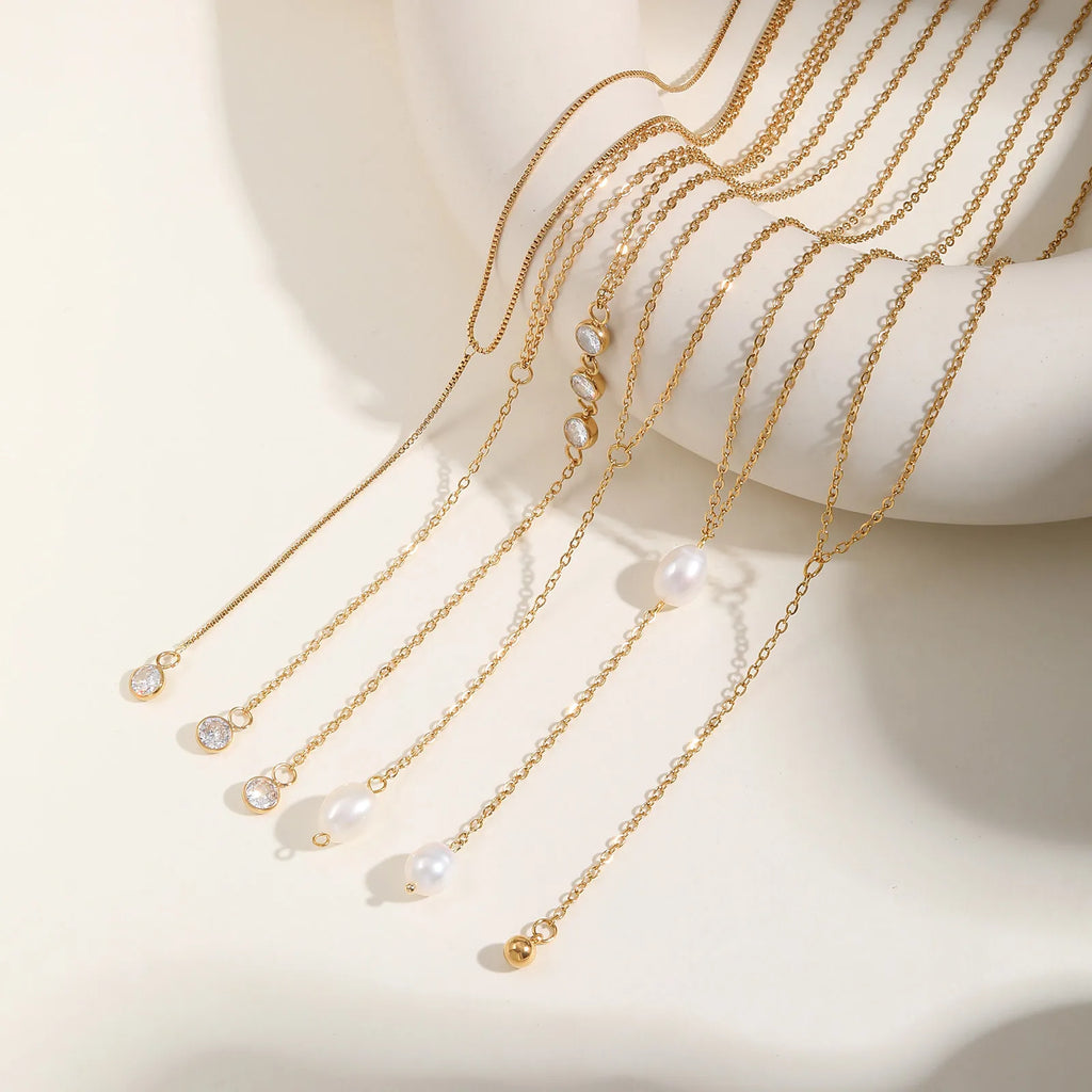 Stainless Steel Y Shape Pearl and Cubic Zirconia Pendant Neckalace For Women, Minimalist Personal Gold Plated Jewelry