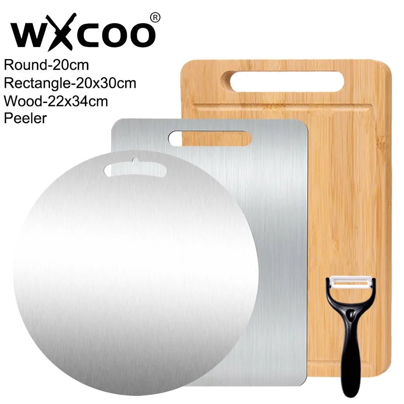 WXCOO Double-sided Cutting Board Kitchen Stainless Steel or Natural Bamboo Chopping Board for Fruit Meat Vegetable Cutting Board