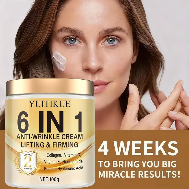 6-in-1 Anti-Wrinkle Cream: Deeply moisturizes, firms the skin, contains Vitamins C and E, retinol, and hyaluronic acid.