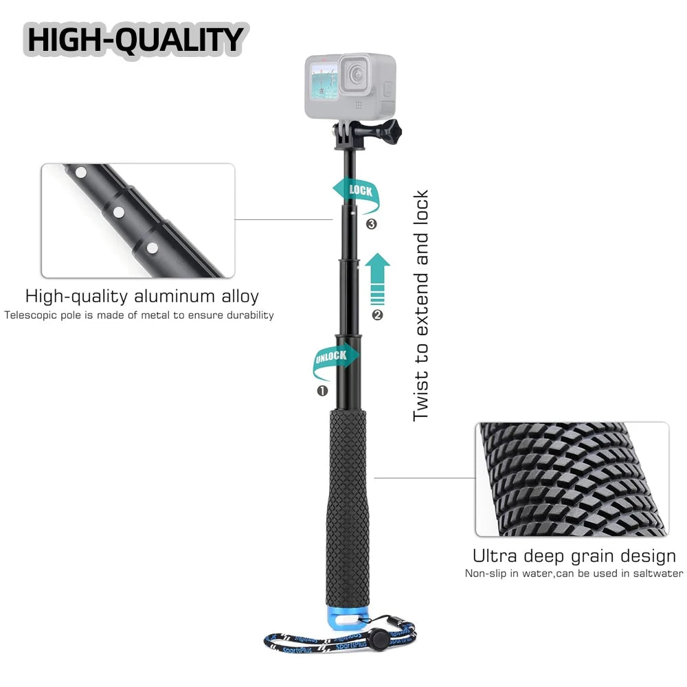 Aluminum Alloy Monopod Selfie Stick Hand Grip Pole for GoPro Hero 13 12 11 10 9 8 7 Insta360 SJCAM AKASO DJI OSMO Action Camera