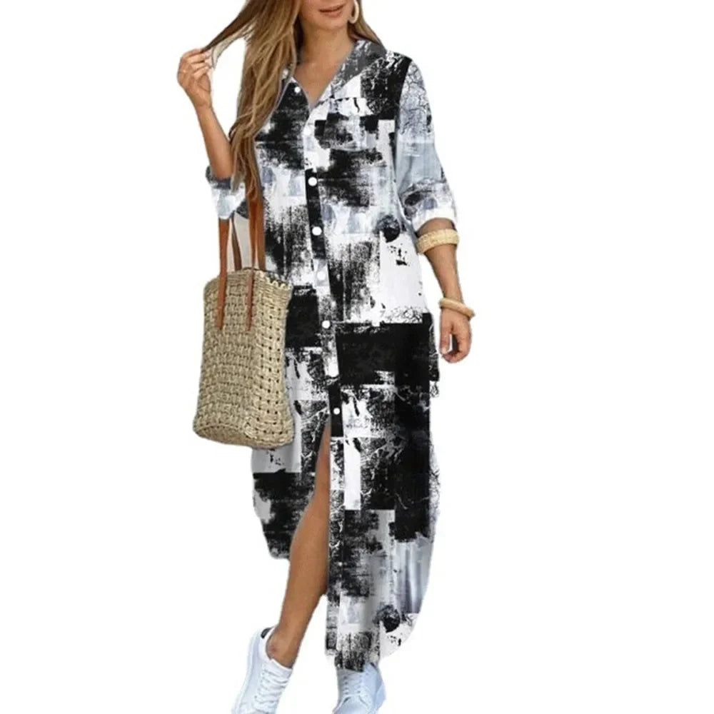 Women Shirt Dress Single Breasted Long Dresses Full Sleeve Turn Down Collar Solid Vestidos Shirts Pockets Split Casual 2025
