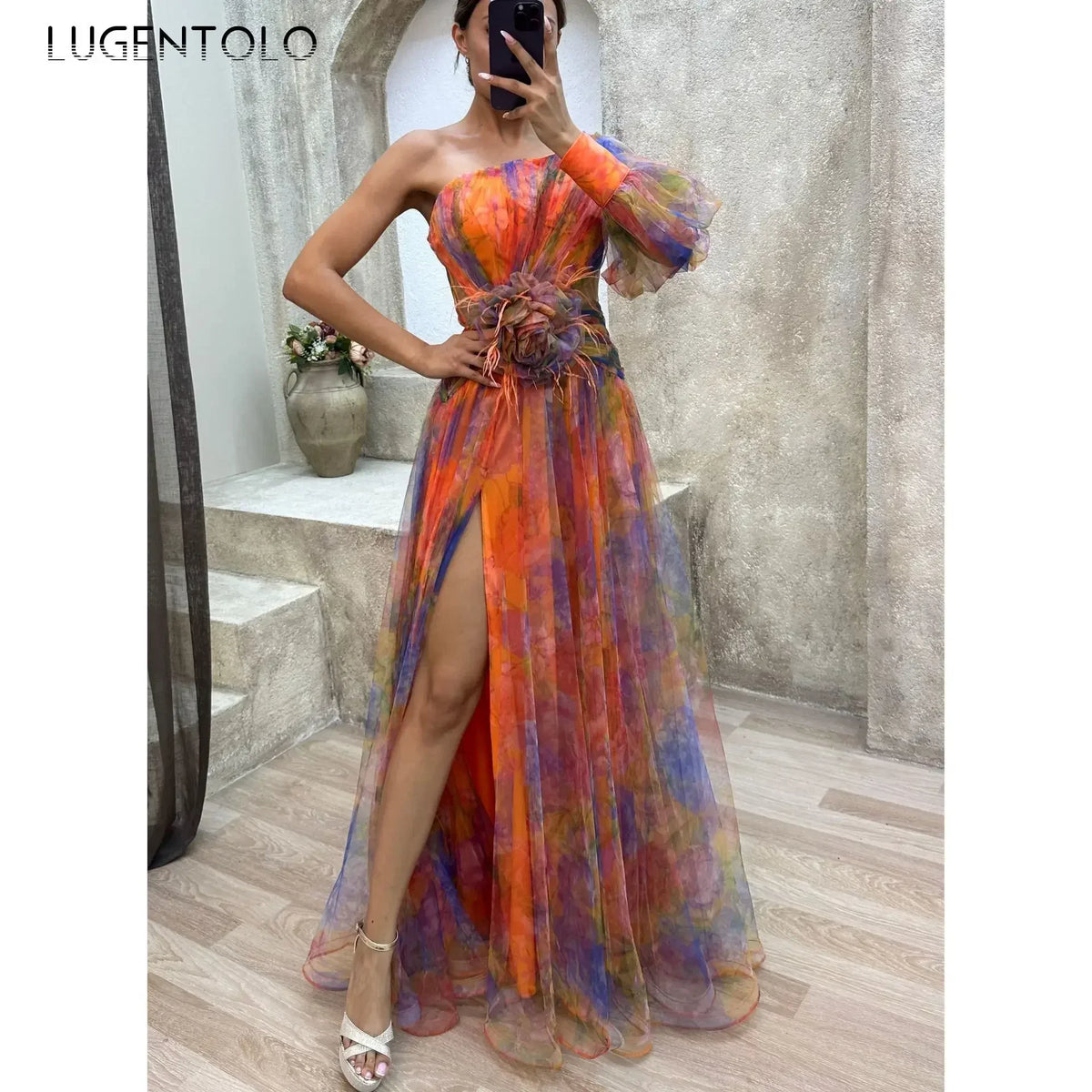 Women Sexy Party Dress Mesh Cut-outs Waist Split End Slanted Shoulders Big Swing Fashion Sleeveless Slim Floral Print Long Cloth