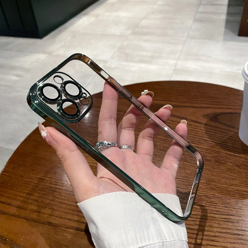Luxury Plating Clear Silicone Phone Case For iPhone 16 17 15 14 13 12 11 Pro XR XS Max Mini Plus Lens Protection Case Back Cover