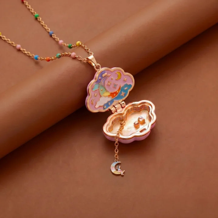 Fairy Tale Gingerbread House Necklace Open and Close Pendant Necklace Women Girls Enamel House Girl Necklace Jewelry Accessory