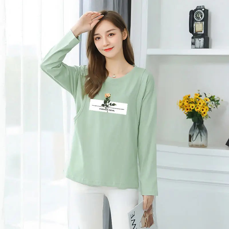 2025 Autumn Long Sleeve O-neck Postpartum Women Nursing T-shirt Maternity Breastfeeding Top Pregnancy Lactation Tees 7 Colors