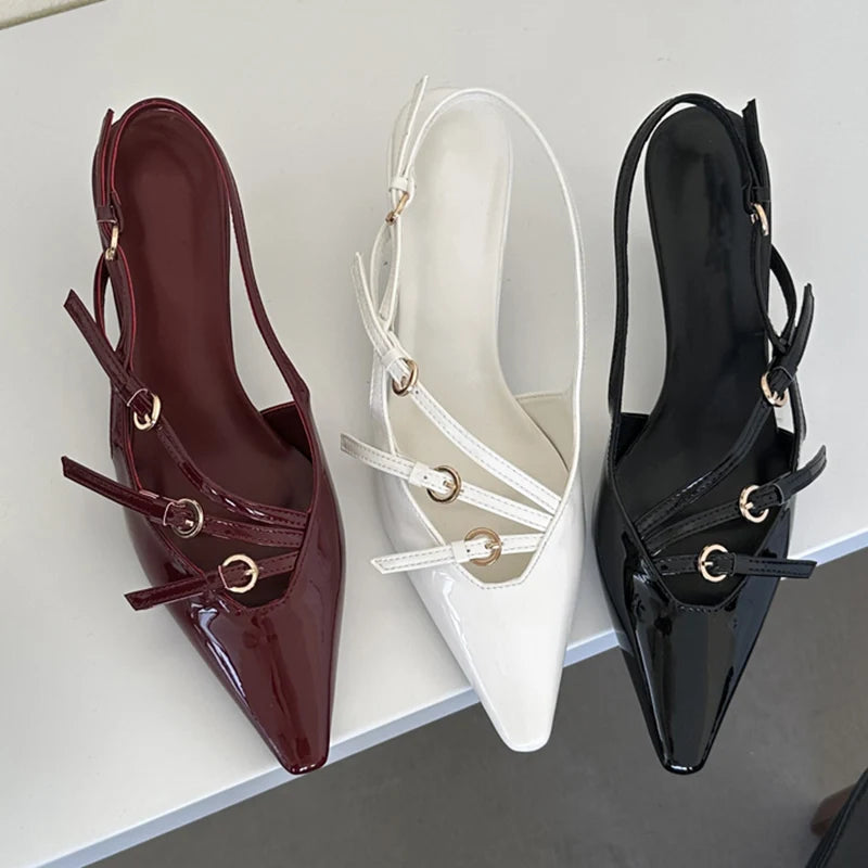 Aneikeh 2026 Designer Buckle Strap Narrow Band Pumps Women Sexy Pointed Toe Thin Heels Wedding Banquet Dress Mule Ladies Shoes