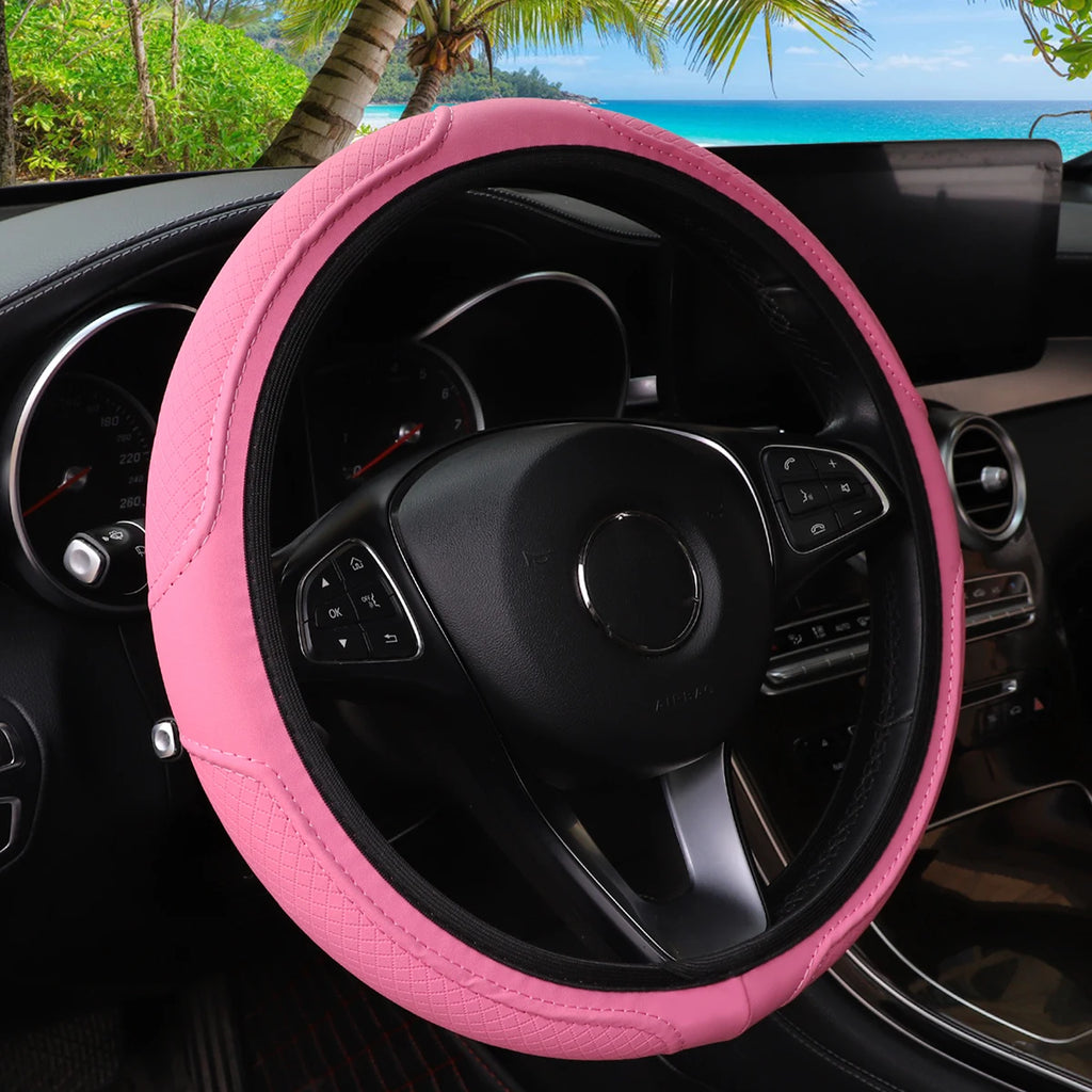 Artificial Leather Three-dimensional Embossed-car without Inner Ring Steering Wheel Cover Auto Parts for 14.5-15 Inches