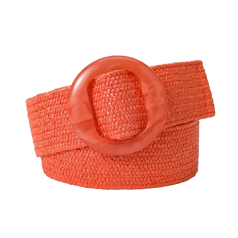 Beltox Women Straw Woven Elastic Wide Belt Solid Color with Matching Plastic Buckle