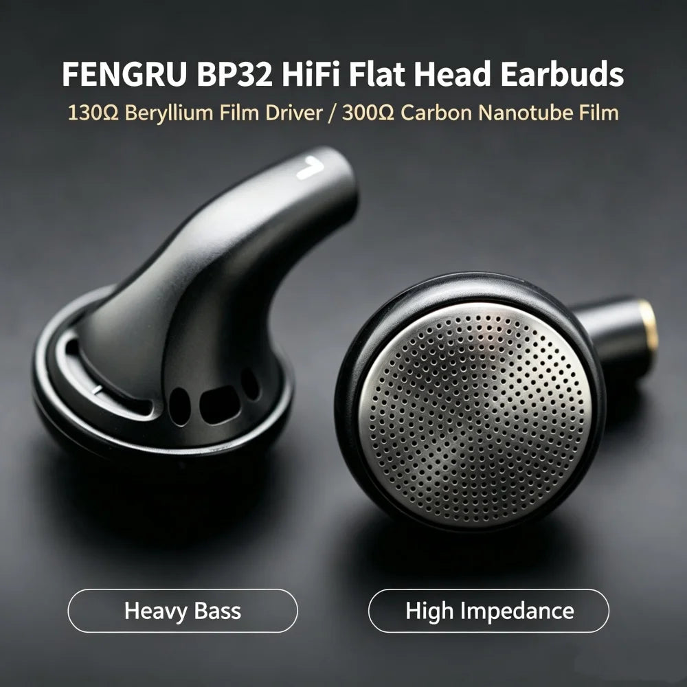 FENGRU BP32 Diy 130 ohm Beryllium Film Driver/300 ohm Carbon Nanotube Film High Impedance Flat Head Earbuds Heavy Bass Earphones
