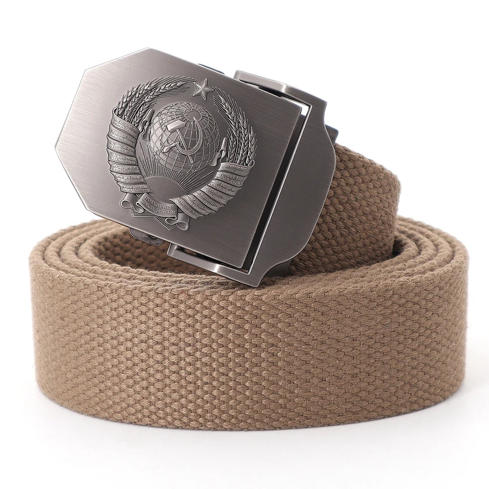 Mens Canvas Outdoor Tactical Army Belt 3D Soviet National Emblem Metal Buckle Unisex Jeans Belt for Men Military Training Belts
