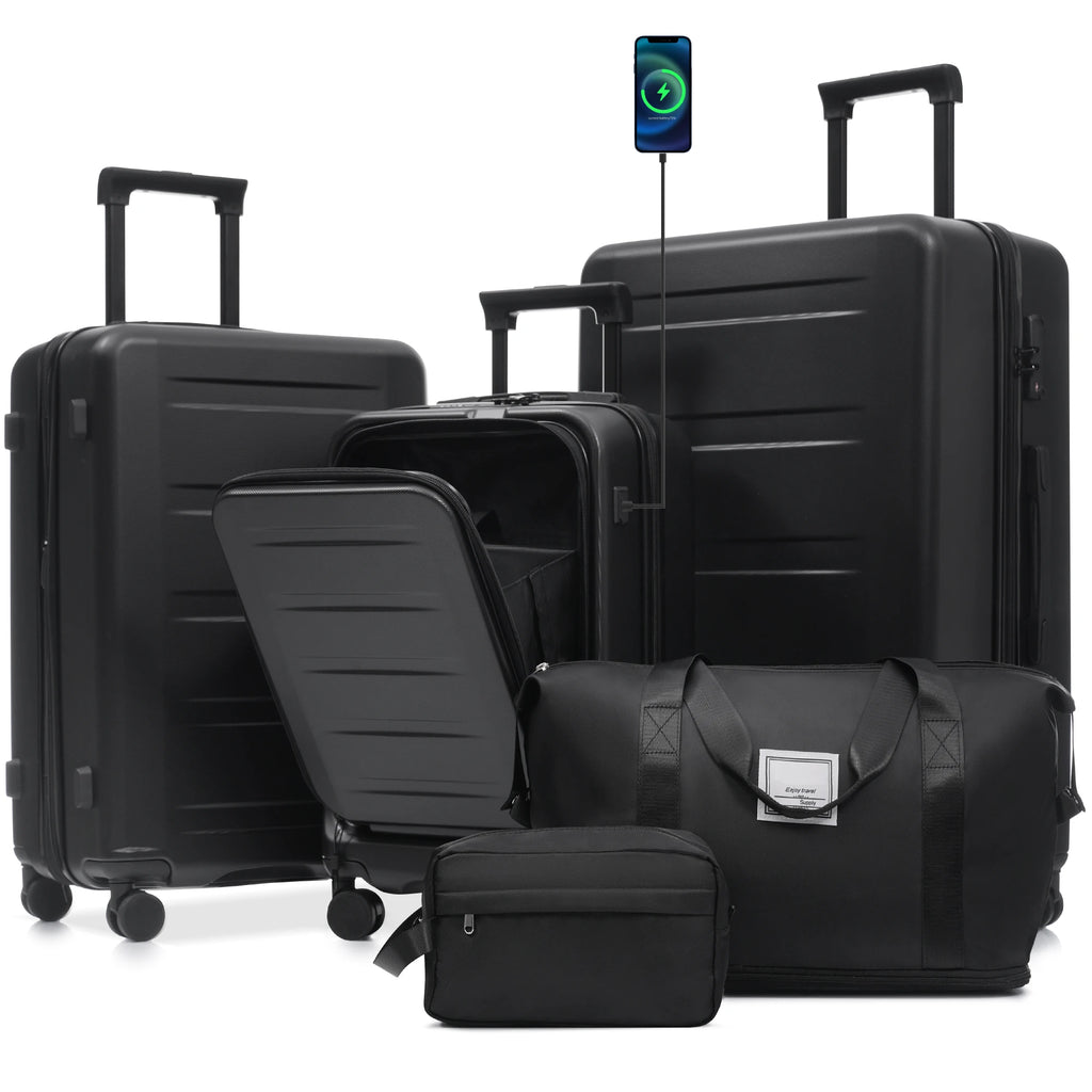 Luggage Sets 5 Piece with Front Opening, Hardside Expandable Carry On Suitcase Set with Double Spinner Wheel