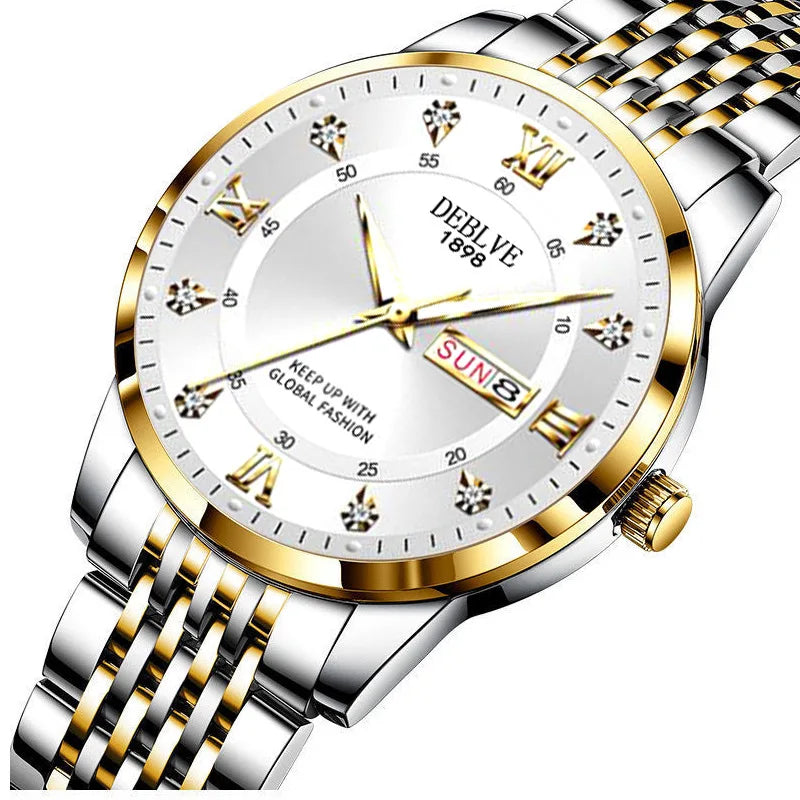 Men's Watch, Classic Fashion Ultra-Thin Luminous Double Calendar Steel Belt Quartz Watch
