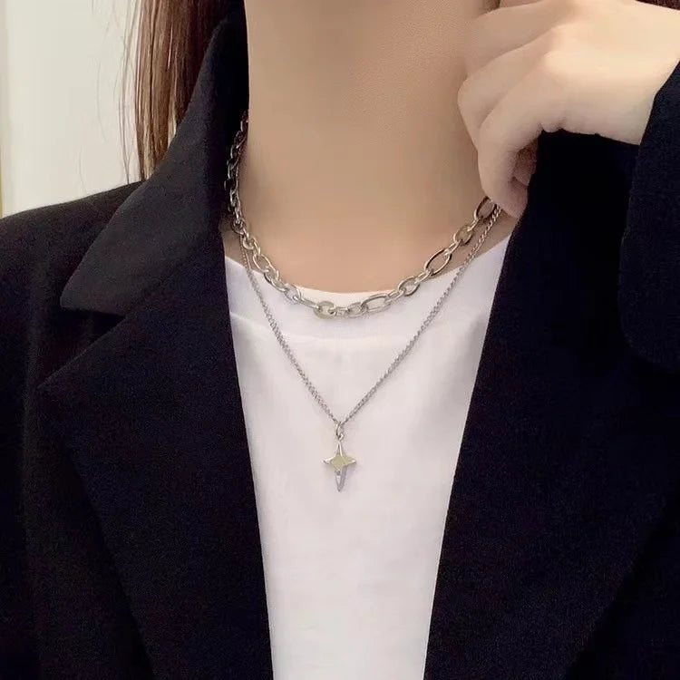 New Design Double Layer Link Chain Cross Star Necklace for Women Man Teens Trendy Punk Hip Hop Stainless Steel Choker