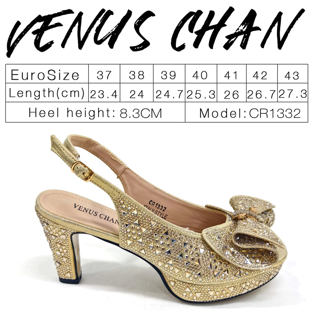 Venus Chan 2026 Women’s Italian Gold High Heels with Rhinestone Detail & Matching Bag Set - Stylish Pointed Toe Design