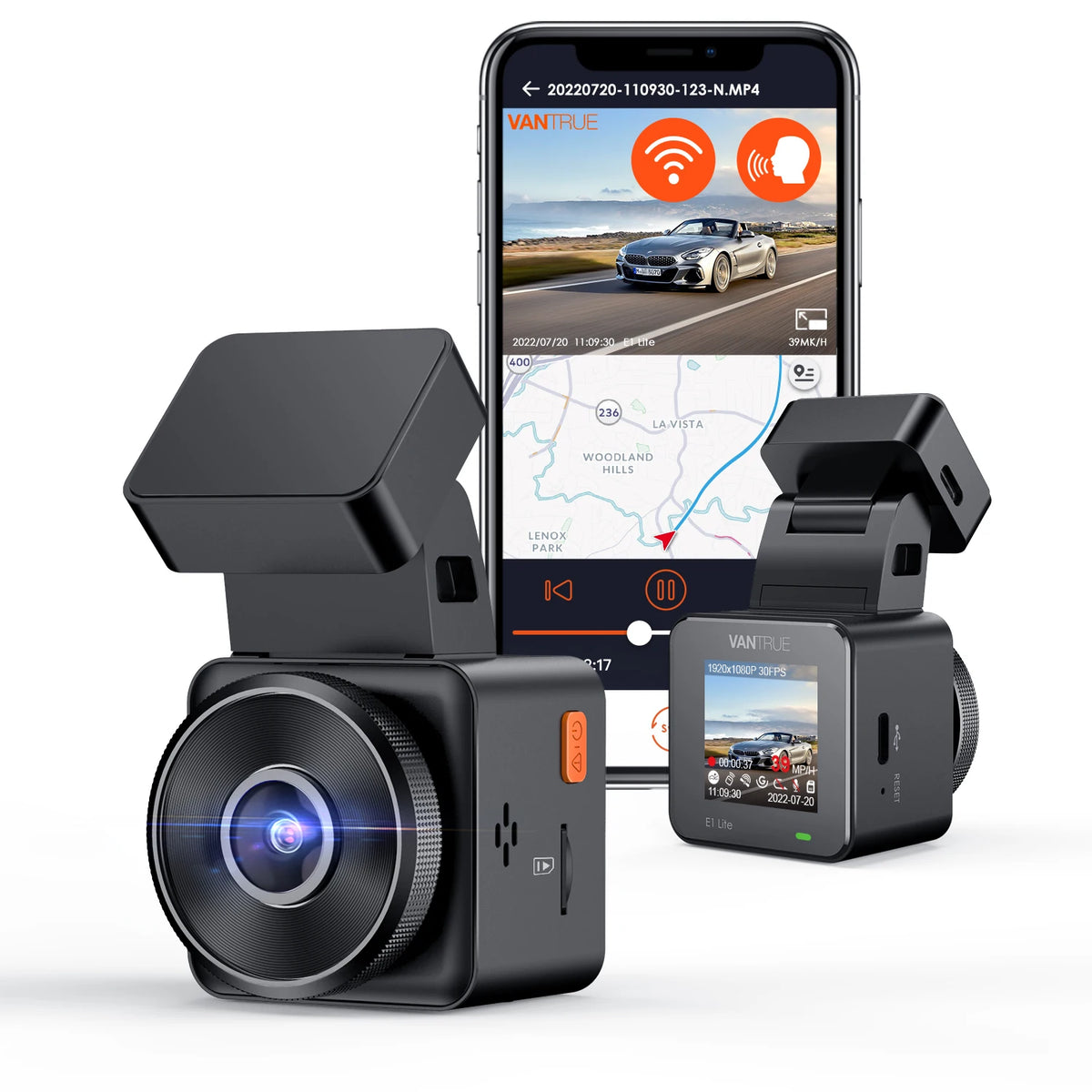 Vantrue E1Lite Dashcam 1080P WiFi Mini Dash Cam with GPS and Speed Voice Control Detachable Dash Camera 24 Hours Parking Mode