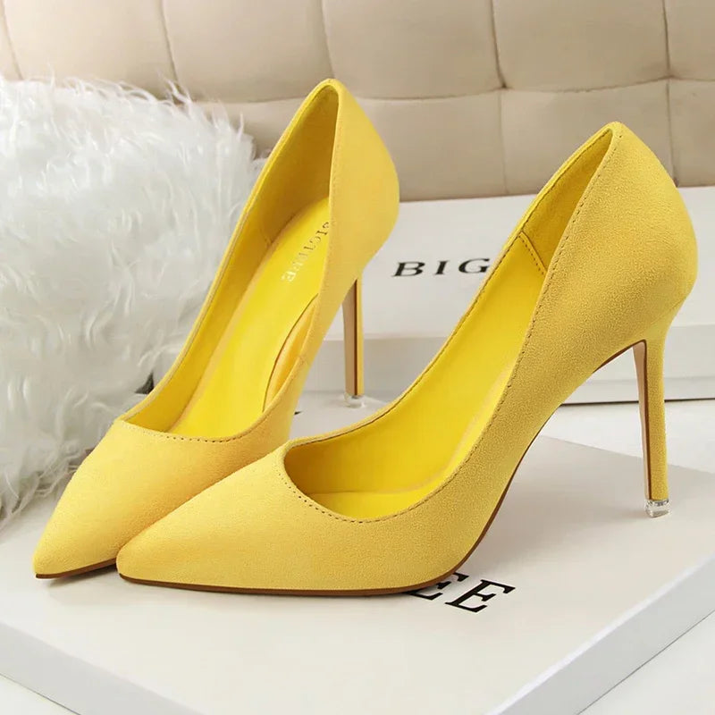 Women Elegant Flock Orange Purple Evening Banquet Party Pumps Lady Classic Scarpin New Burgundy 9cm High Heels Shoes Plus Size