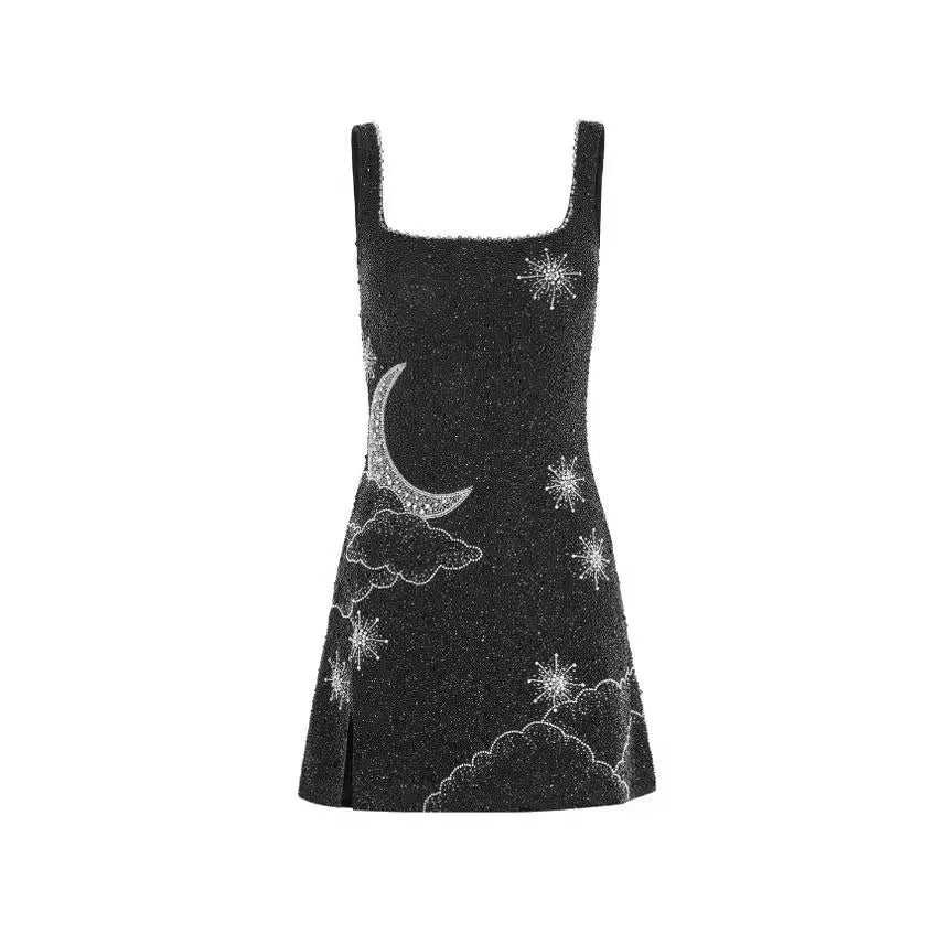New Fashion Sexy Sleeveless U-neck Embroidered Sequin Slim Fit Slit Spaghetti Strap Dress For Women