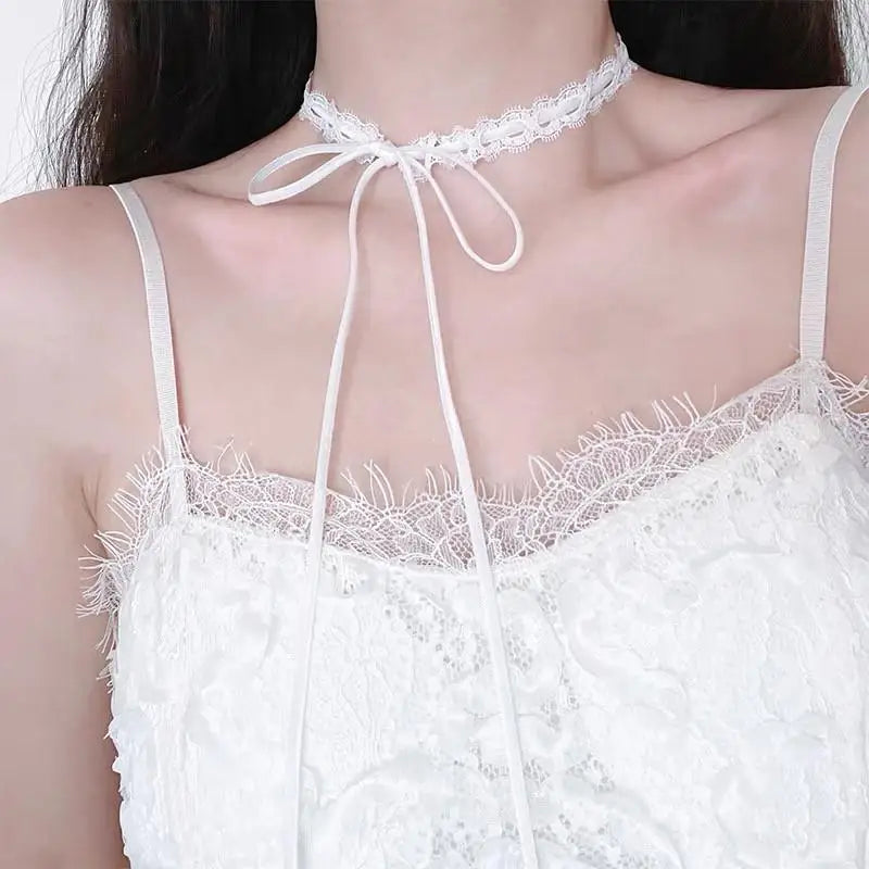 Black White Lace Bow Choker Necklaces for Women Gothic Dark Bow Strap Sweet Sexy Collar Necklace Party Female Jewelry Harajuku