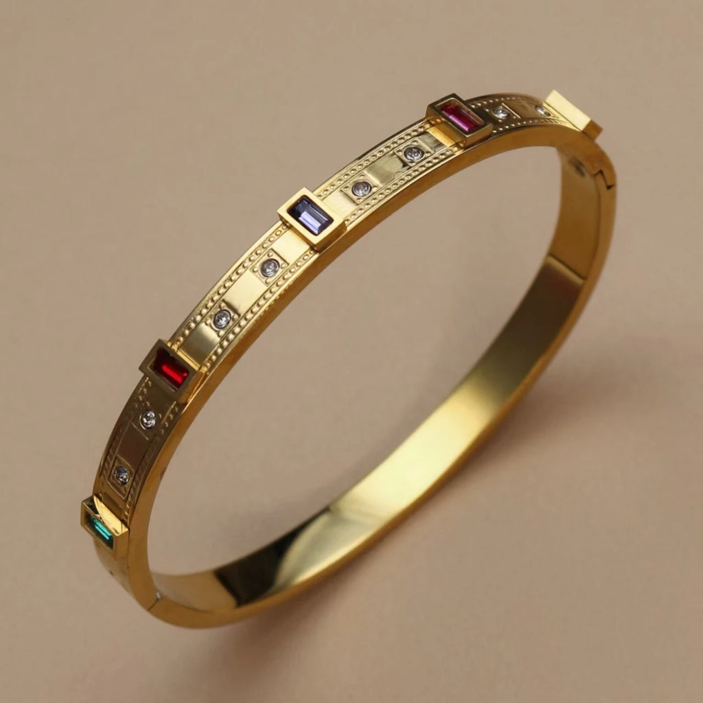 C8 Inlay Square Small Coloured Zircon Stainless Steel Gold Color Stacking Bracelet, Cubic Zircon Design Women's Jewellery Bangle