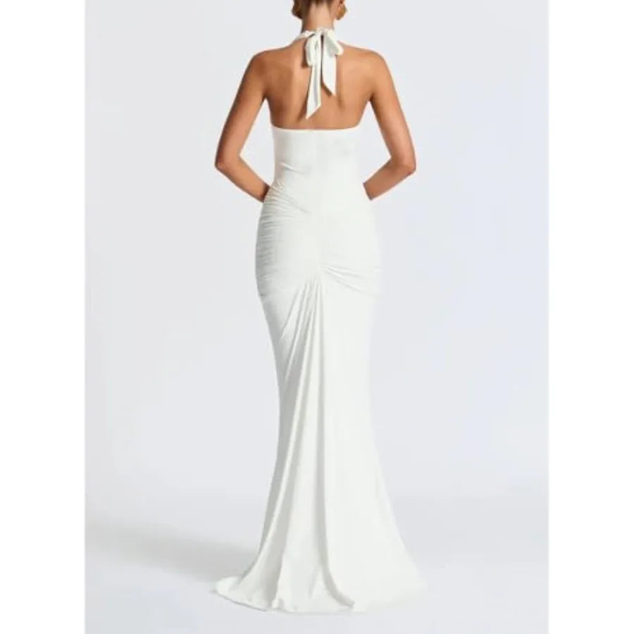 ABYOVRT Women Deep V Neck Ruched Maxi Dress Sleeveless Halter Gown Cocktail Evening Formal Dresses