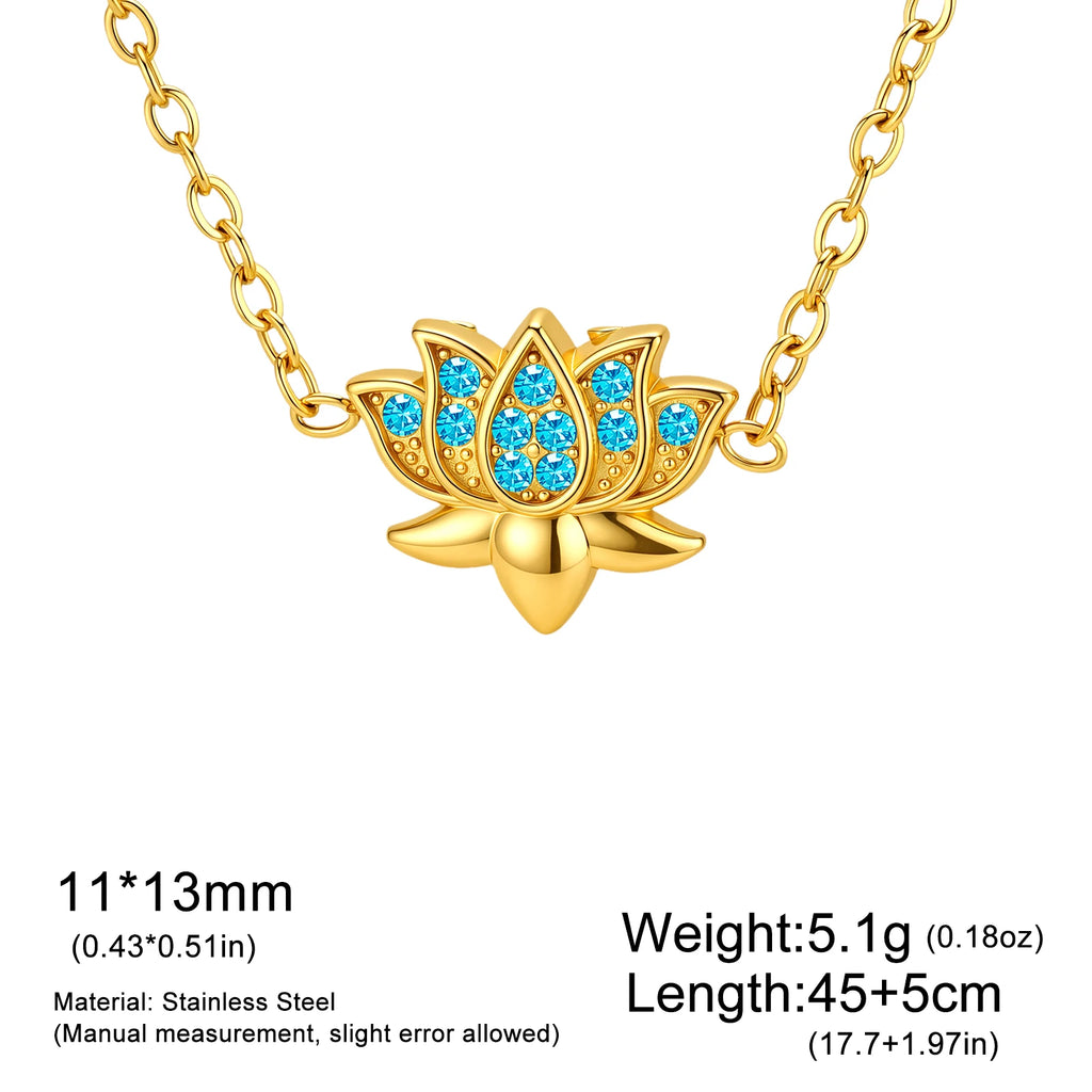 Skyrim Lotus Pendant Necklace for Women Stainless Steel Gold Color Cubic Zirconia Flower Clavicle Chain Spiritual Yoga Jewelry