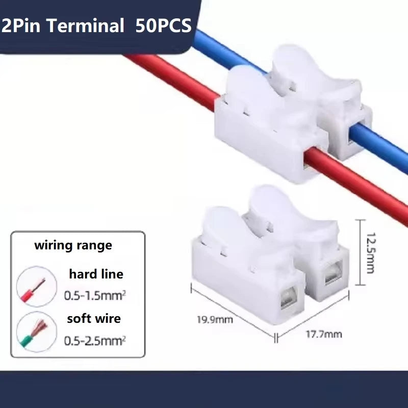 50Pcs Quick Wire Connectors 1P 2P No Soldering Required Spring Clamp Cable Terminals Screwless Terminal Block for Electronics