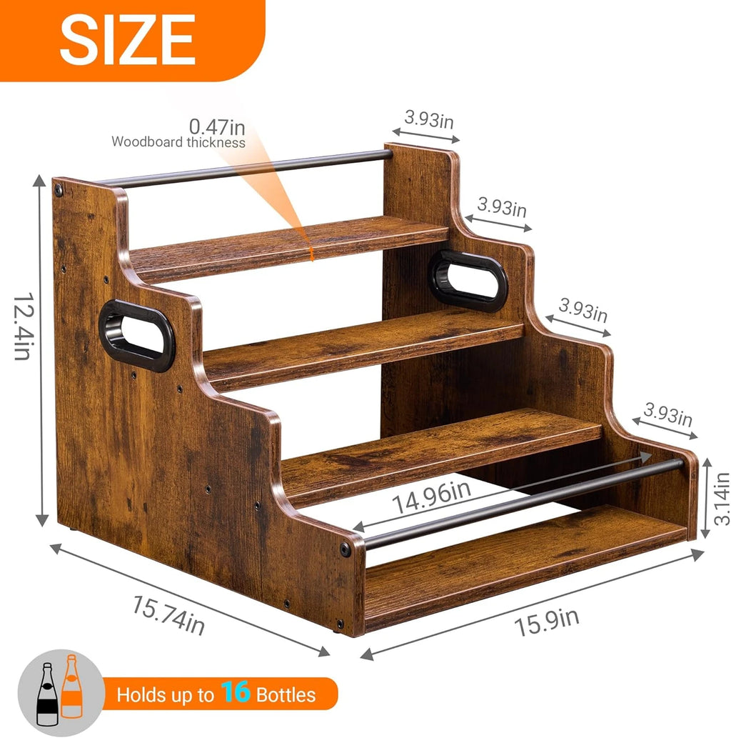 Liquor Bottle Display Shelf, Coffee Syrup Rack Organizer, 3 Step Countertop Liquor Wine Rack, Mini Bar, Liquor Cabinet, Home Retro Bar Shelf Stand for Liquor Whiskey, Spirits