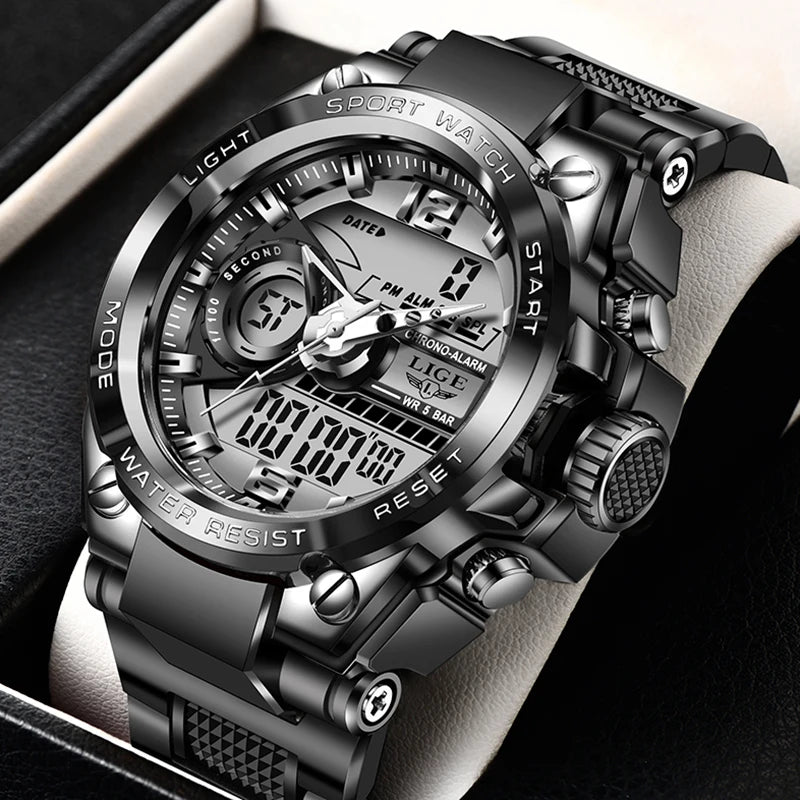 LIGE Men Sport Watch 50M Waterproof Dual Display Analog Digital Watch LED Backlight Chronograph Quartz Wristwatch Gift Box Set