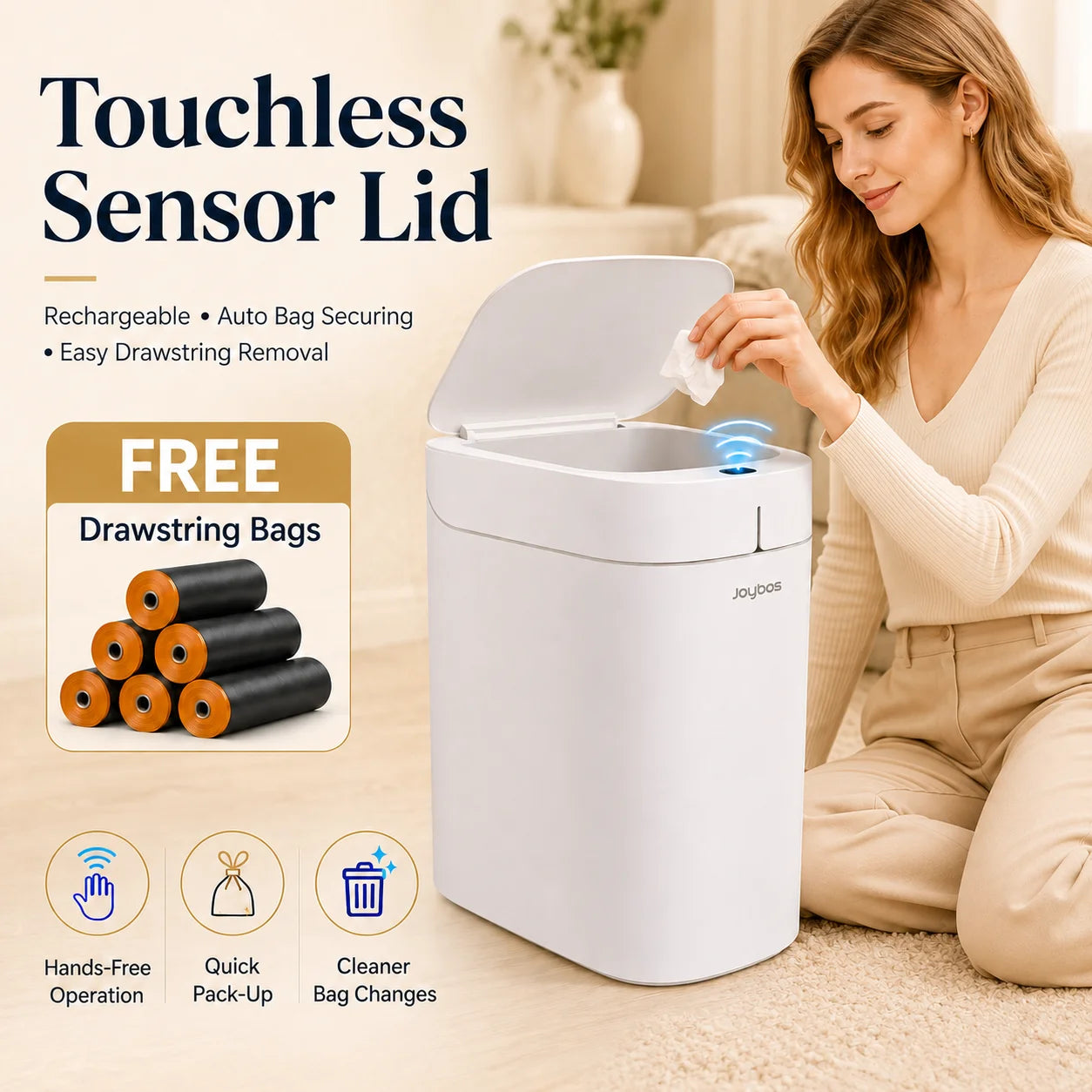 Joybos Smart Trash Can with Auto-Lining, Touchless Sensor Garbage Bin + Free Drawstring Bags, No-Mess Pull & Lift Wastebasket