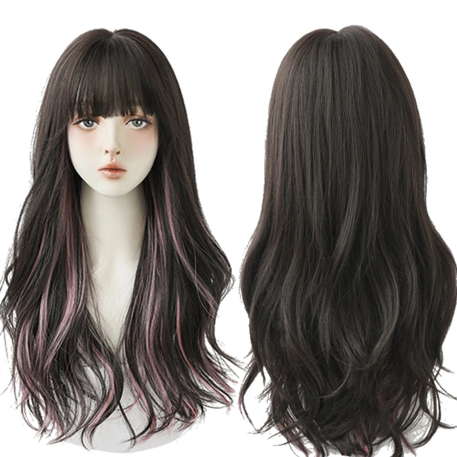 7JHH WIGS Long Wavy Curly Black Blonde Wig for Women Natural Highlight Synthetic Blend Wigs with Bangs Heat Resistant Hair Wig