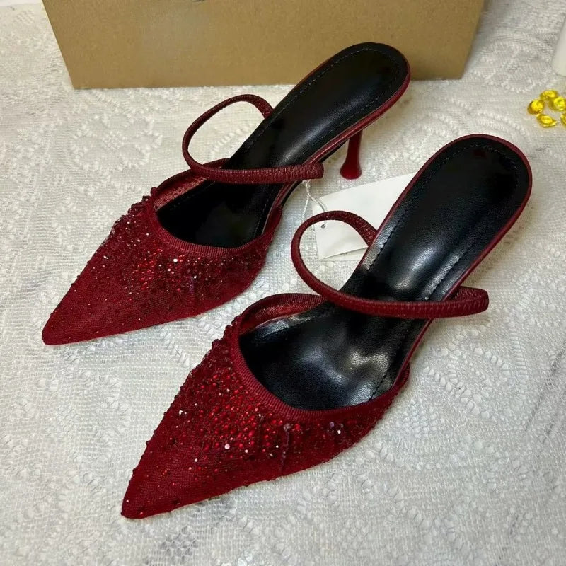 Shiny Rhinestones Mesh Women Party Shoes Brand Pointed Toe Mules Stiletto Elegant Back Strap High Heels Wedding Bridal Pumps