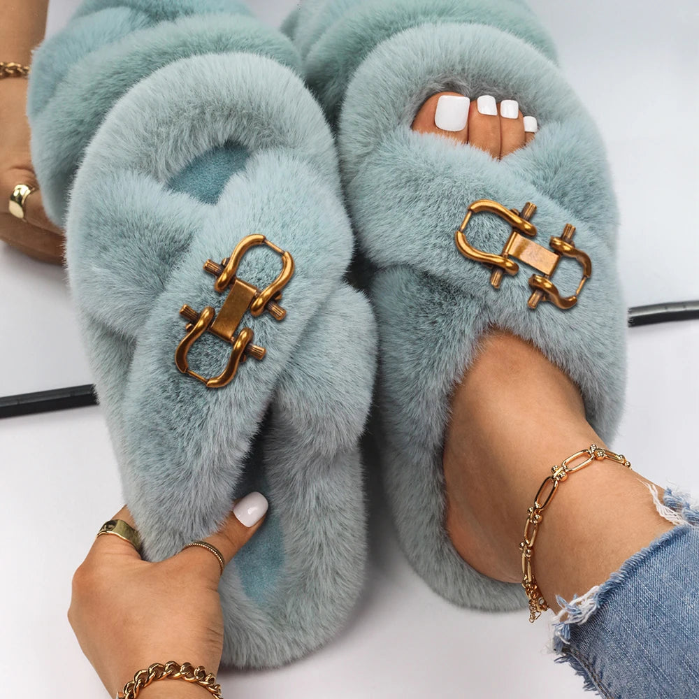 Fashion Slippers Women Buckle Decor Furry Slides Ladies Fluffy Flip Flops Luxury Designer Fur Sandals Cute Slippers Casual Shoes