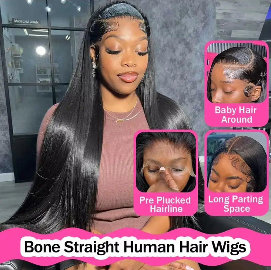 Bone Straight Virgin Human Hair Wig 36 42 Inch 5x5 13x4 13x6 HD Lace 250 Density Glueless Pre Melted Hairline Daily Styling