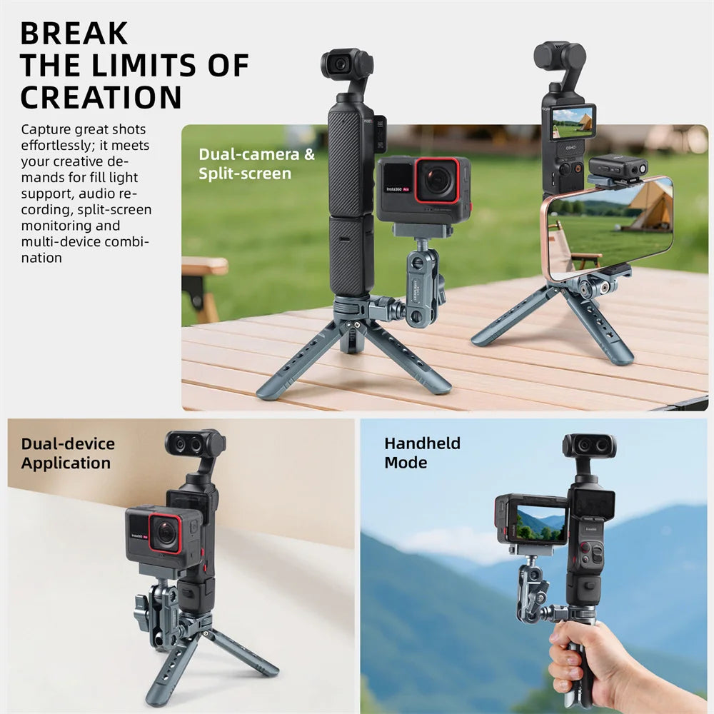 LEAPLIGHT Aluminum Mini Tripod for DJI Osmo Pocket 3/4/4P/360LunaUltra Camera Tripod Handheld Grip w 360° BallHead+Phone Stand