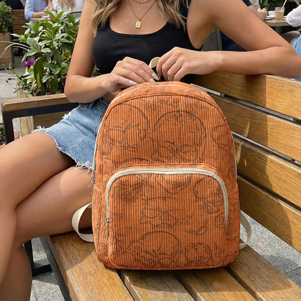 Gothic Skull Allover Print Women Fashion Backpack Corduroy Multi-pocket Large Capacity Commuter Bag