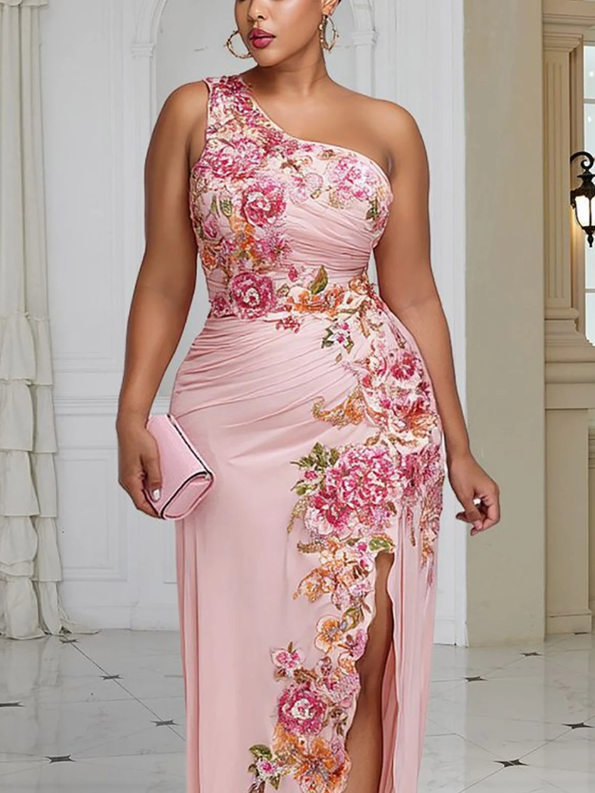 Women Plus Size Floral Print Satin Maxi Dress One Shoulder Sleeveless High Split Bodycon Formal Wedding Guest Evening Party Gown