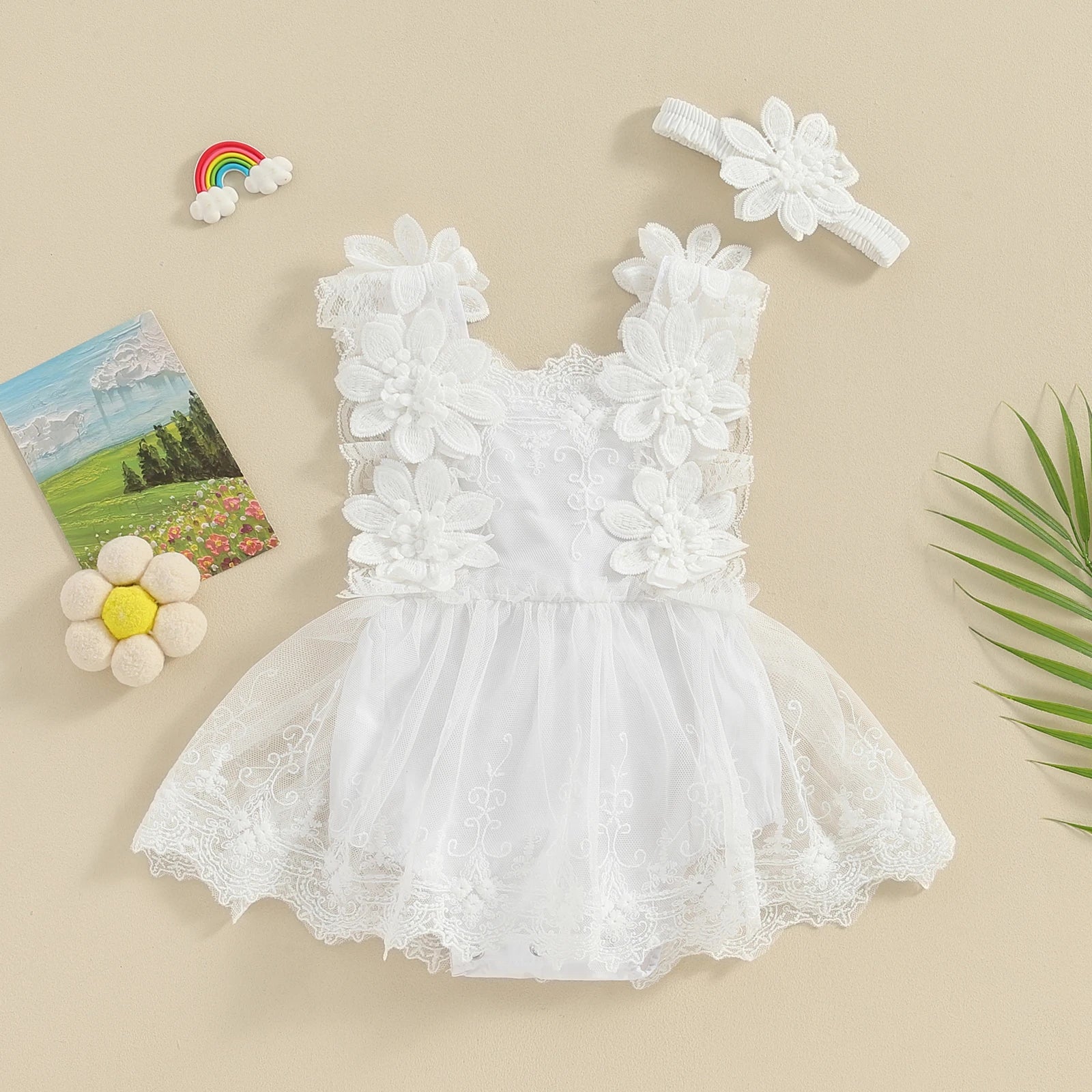 Pudcoco Infant Baby Girls Romper, Summer Sleeveless Square Neck Floral Lace Casual Party Street Bodysuit Tops + Head Band 0-18M