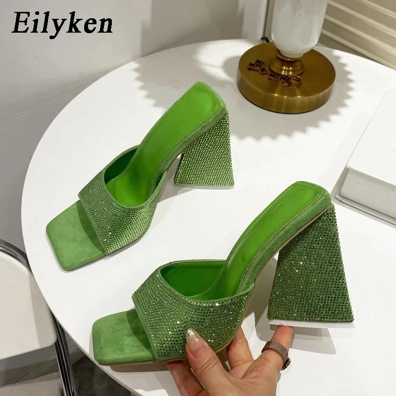 Eilyken Summer CRYSTAL Triangle Thick Heel Slippers Sexy Street Woman Square Toes Dress Party Shoes Size 35-41